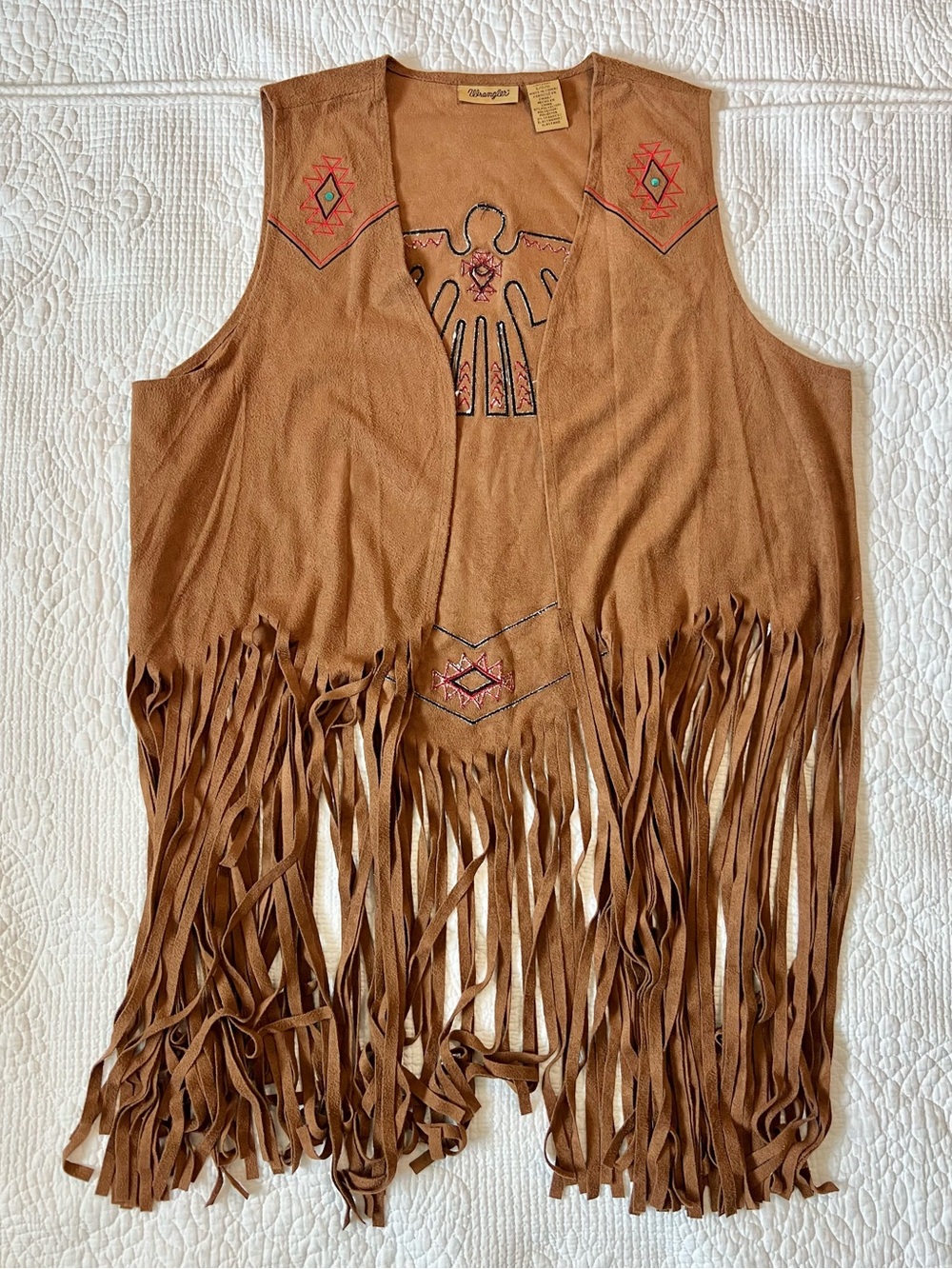 RARE Wrangler Faux-Suede Long Fringe Thunderbird Vest - Picture 3 of 10